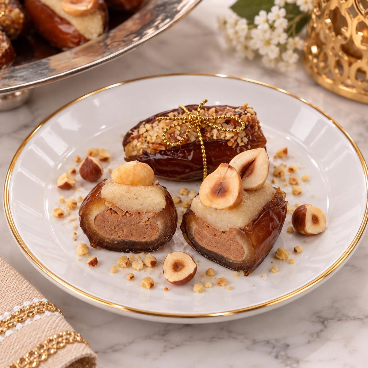Daarna stuffed dates with almond pistachio hazelnut mixed nuts and raspberry