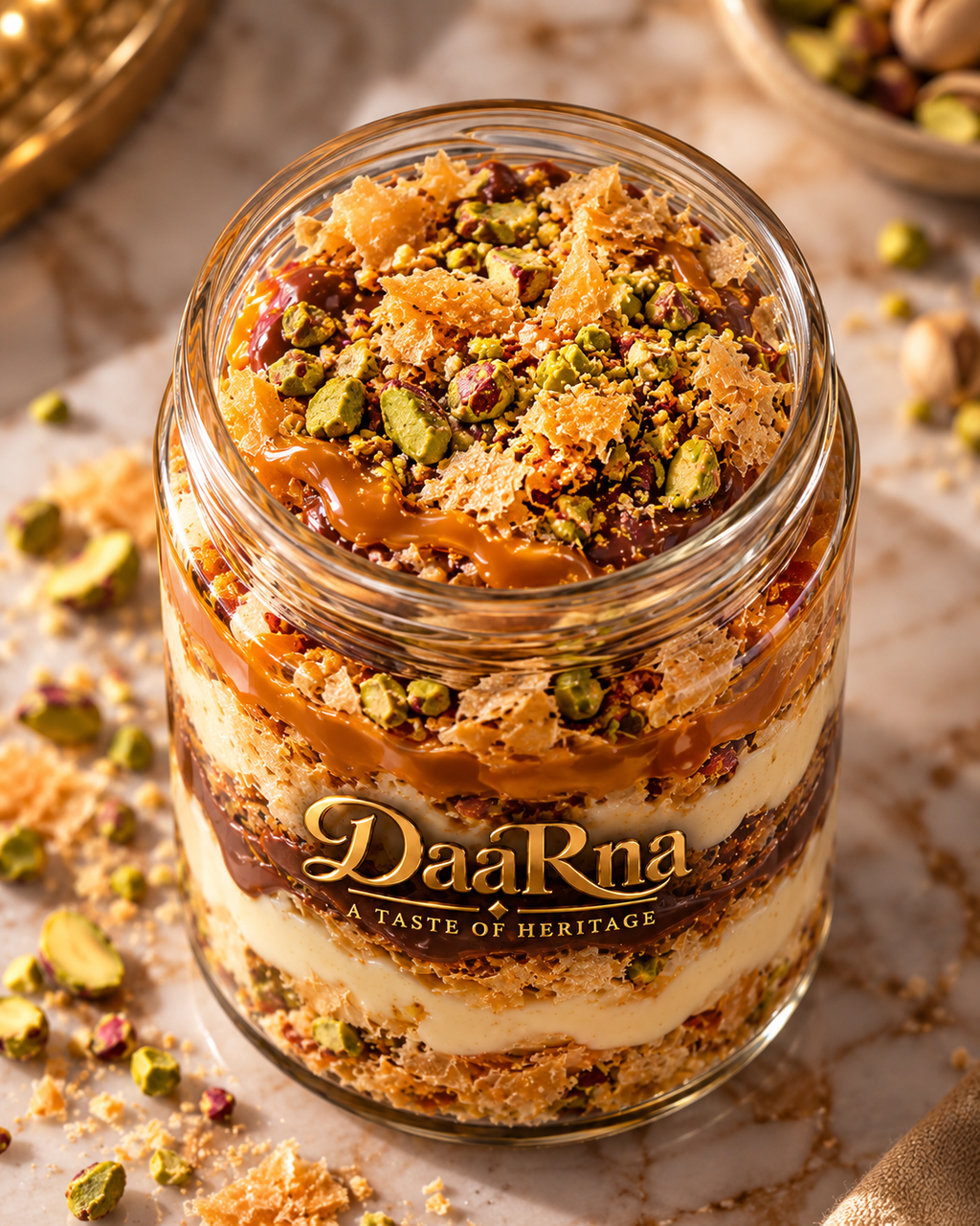 Top view of DaaRna Dubai Baklawa Jar showing pistachio, crushed baklawa, caramel and chocolate layers